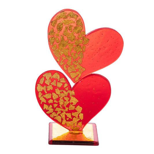 Sculpture Double Coeur en Verre de Murano Rouge avec Feuille d'Or - H27cm Largeur 18cm - Fait Main 