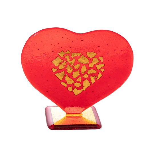 Red Murano Glass Heart Sculpture with Gold Leaf - H19cm Width 23cm - Handmade