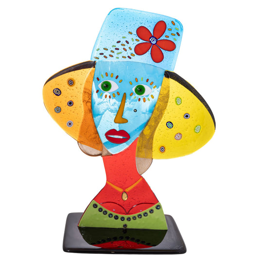 Sculpture Figurative en Verre de Murano Multicolore avec Fleur Rouge - H60cm Largeur 25cm - Faite à la Main